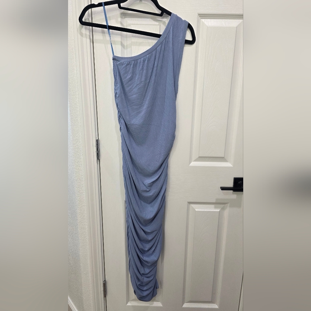 MARBLE One-Shoulder Ruched Midi Skirt in Light Blue